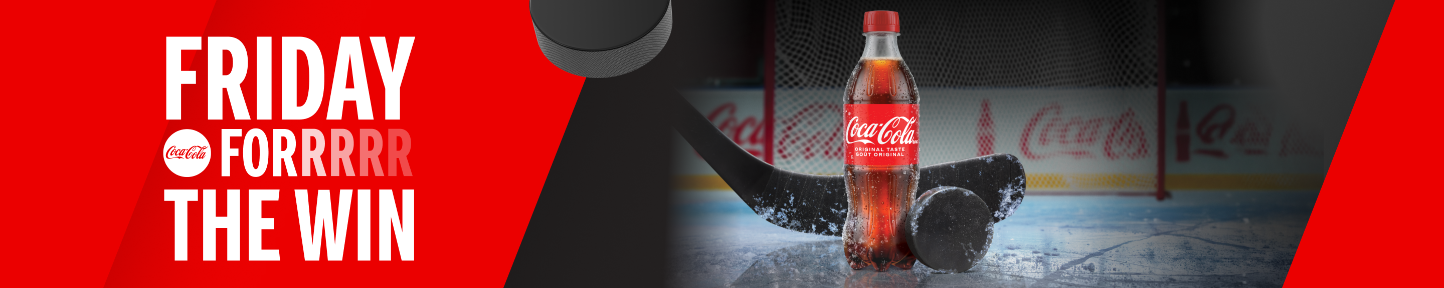Coca-Cola fall hockey hero banner featuring a bottle on the ice and the text Friday for the Win.