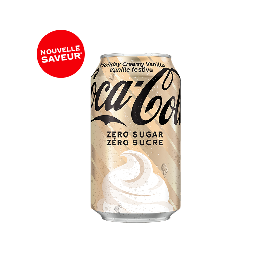 Canette de Coca-Cola Vanille festive avec arrière-plan de couleur crème, logo Coca-Cola rouge et imprimé de crème fouettée