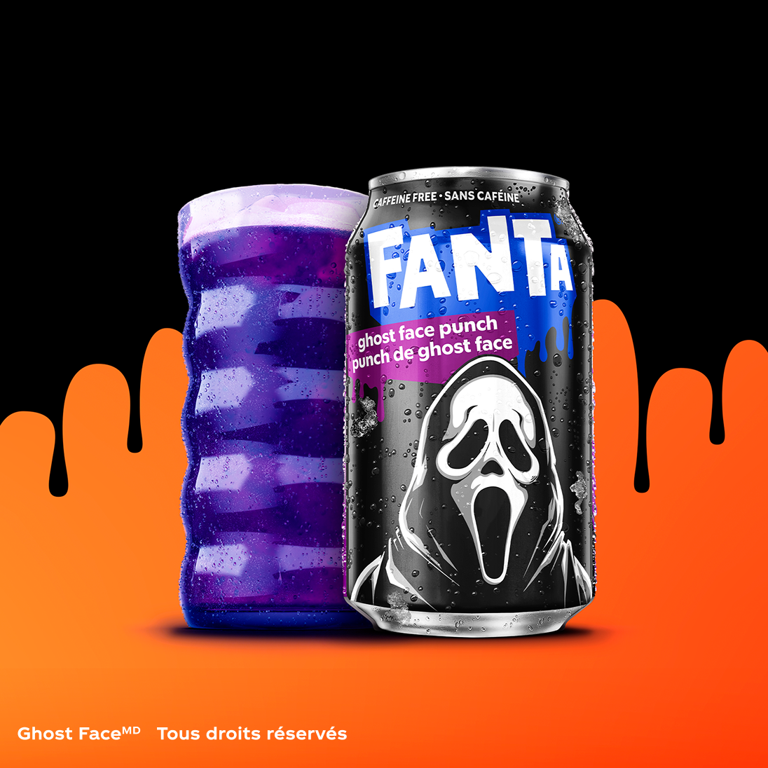 Canette de Fanta punch Ghost Face en édition limitée mettant en vedette un personnage de Fanta d’Halloween.