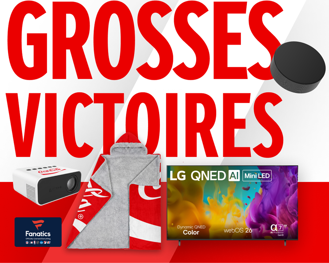 Promo hockey Coca-Cola illustrant des prix: téléviseur LG, projecteur, couverture à capuchon et carte-cadeau Fanatics.