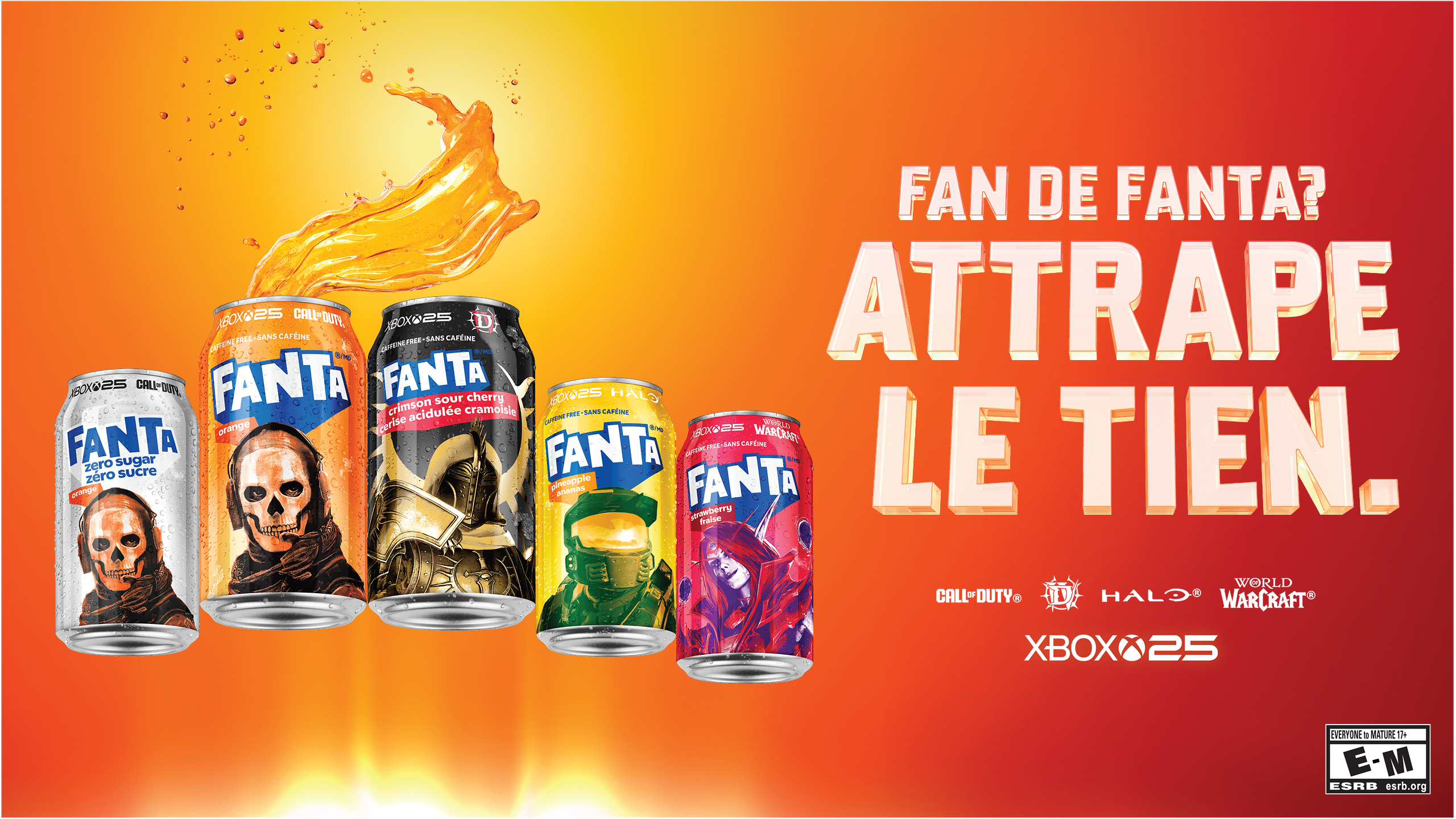 La collection Fanta Xbox comprend des canettes avec des personnages de Forza Horizon 6, de Call of Duty, de Diablo IV, de Halo et de World of Warcraft. Le texte se lit comme suit : « Tu veux un Fanta? Viens le chercher. »