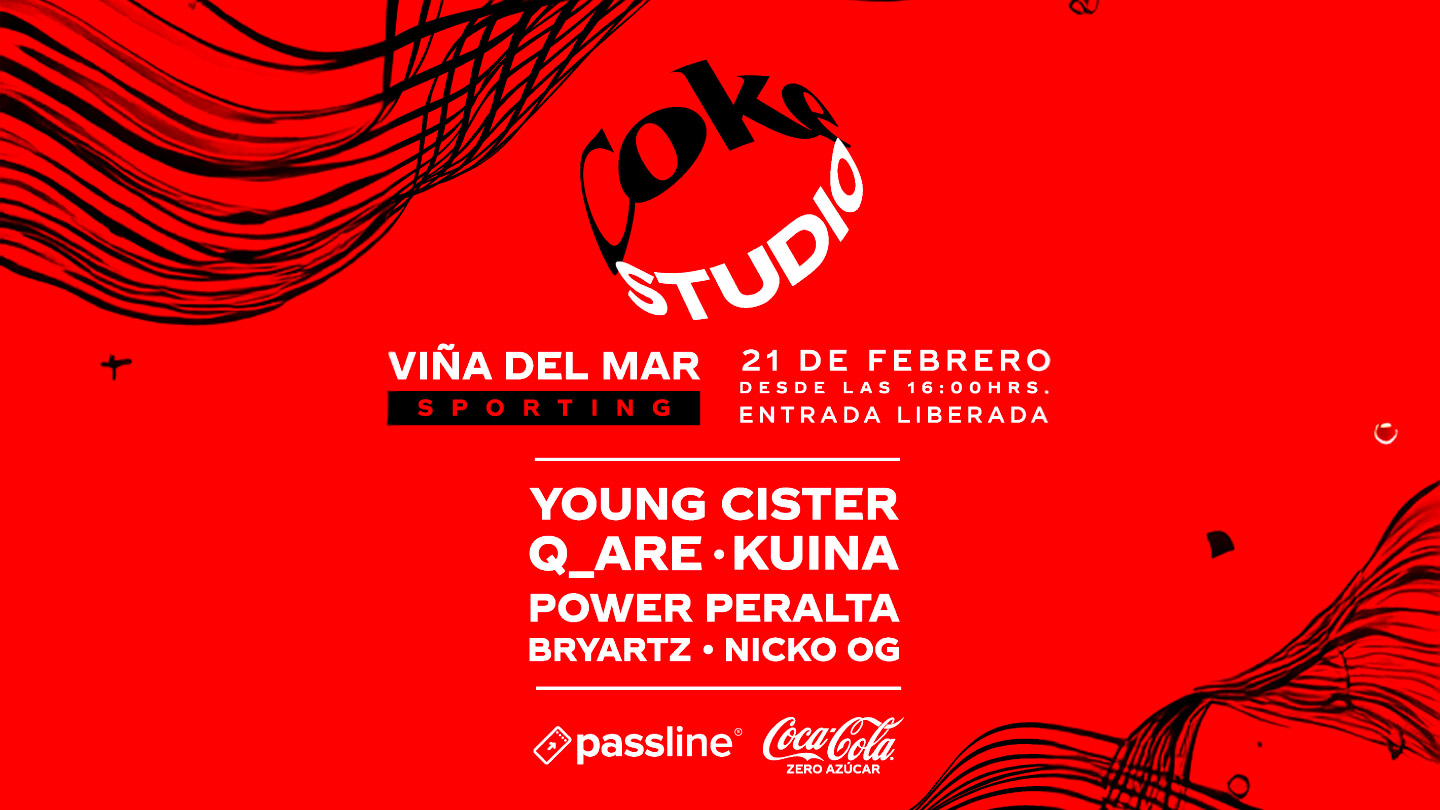 Logo de Coke Studio sobre un fondo rojo con ondas negras. Se lee información del evento.
