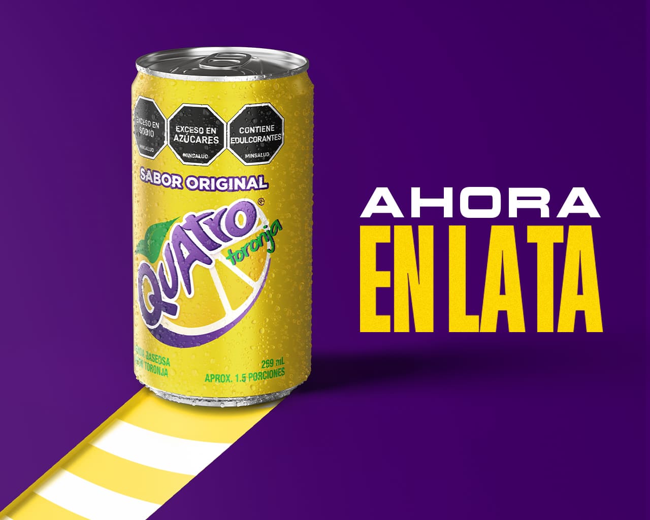 Imagen de fondo violeta con una lata de Quatro y la frase "Ahora en lata"