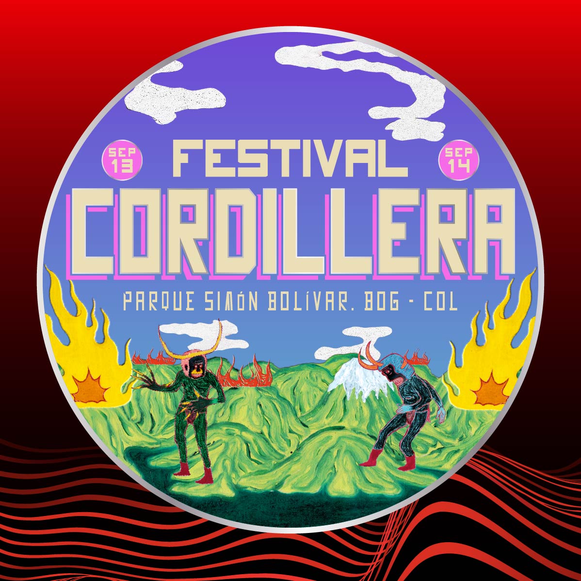 Logotipo circular del "Festival Cordillera" con fondo rojo. Muestra montañas, figuras fantásticas y el texto "FESTIVAL CORDILLERA"