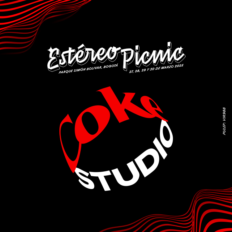 Diseño promocional del festival Estéreo Picnic 2025 en el Parque Simón Bolívar, Bogotá, con el logo de Coke Studio sobre un fondo negro con ondas rojas.
