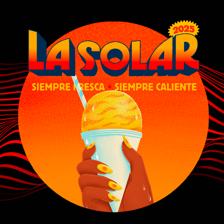 Diseño promocional del festival Solar 2025 sobre un fondo negro con ondas rojas.