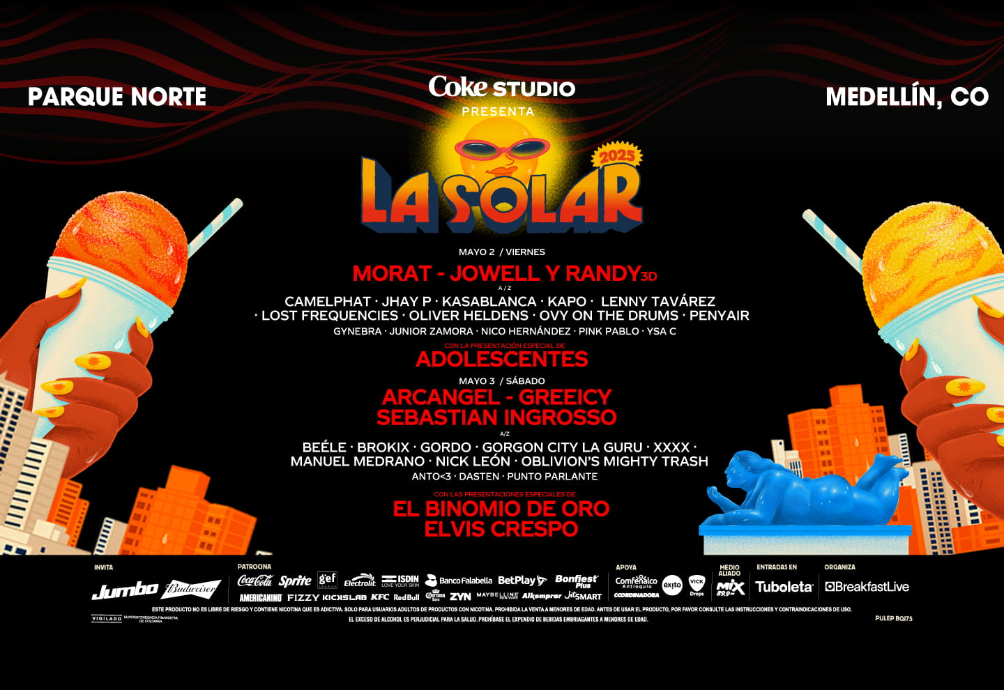 Line up de artistas del festival La Solar por Coke Studio a celebrarse en Parque Norte. Ciudad de Medellín, Colombia