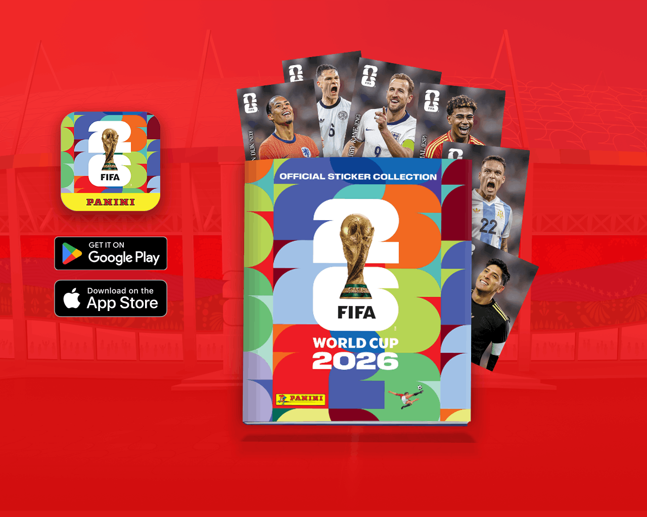 Álbum digital FIFA World Cup 2026™ y logos App Store y Google Play.