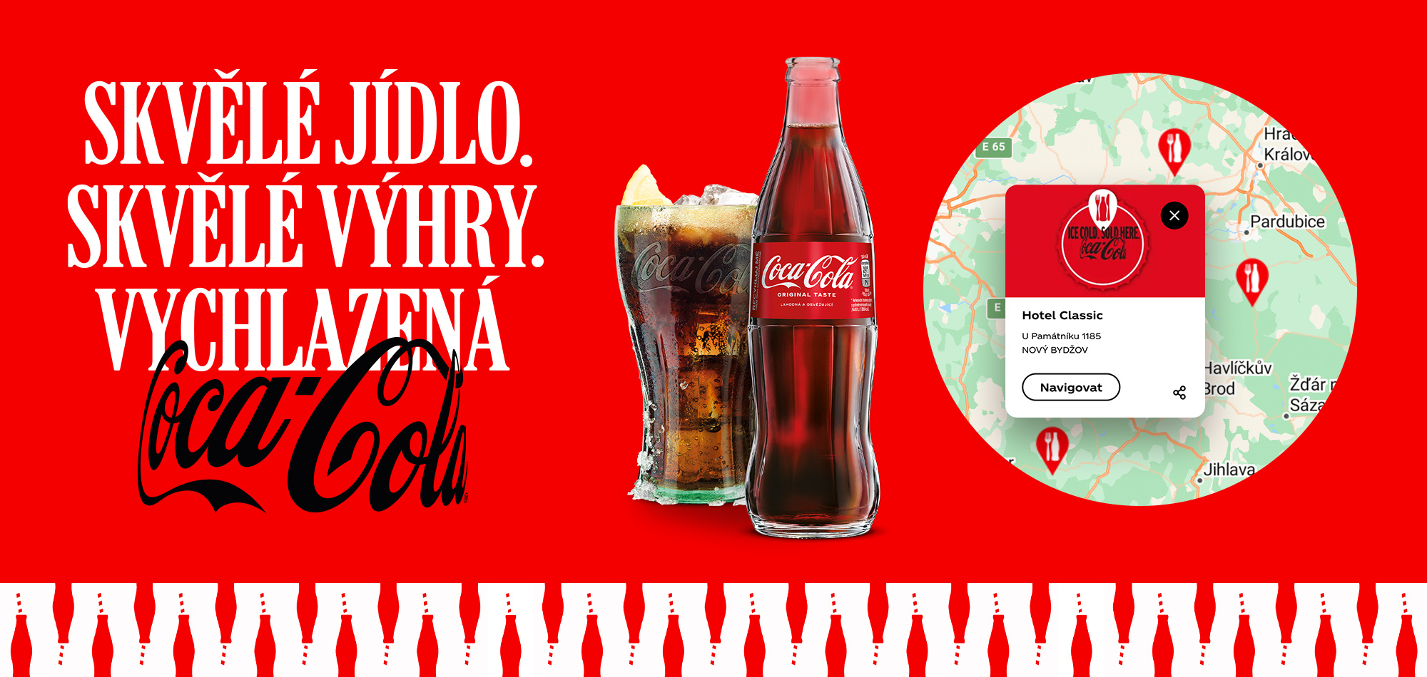 Láhev a sklenice Coca-Cola s ledem na červeném pozadí, mapa s restauracemi a text o skvělém jídle a výhrách.