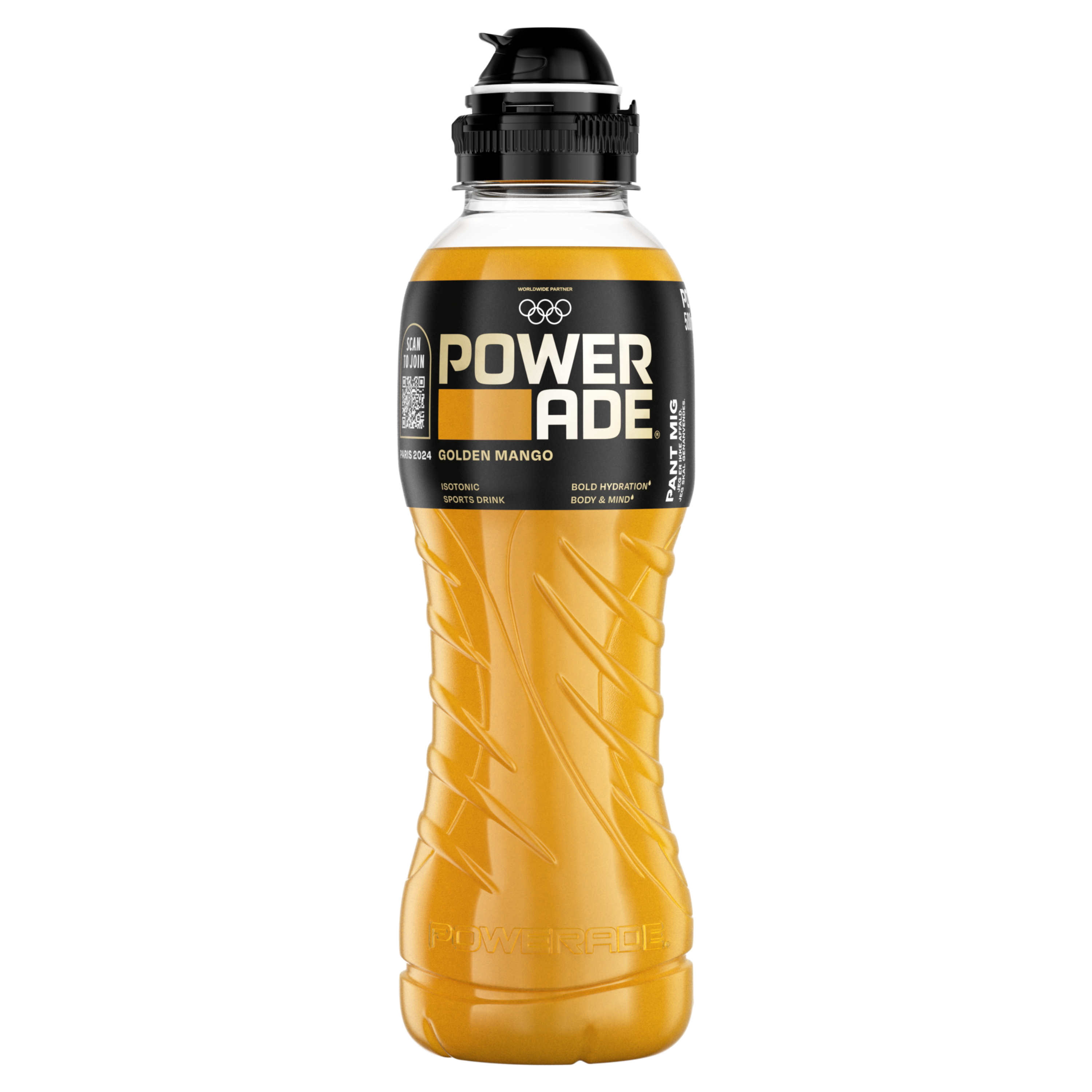 Powerade Golden Mango-plastikflaske på hvid baggrund