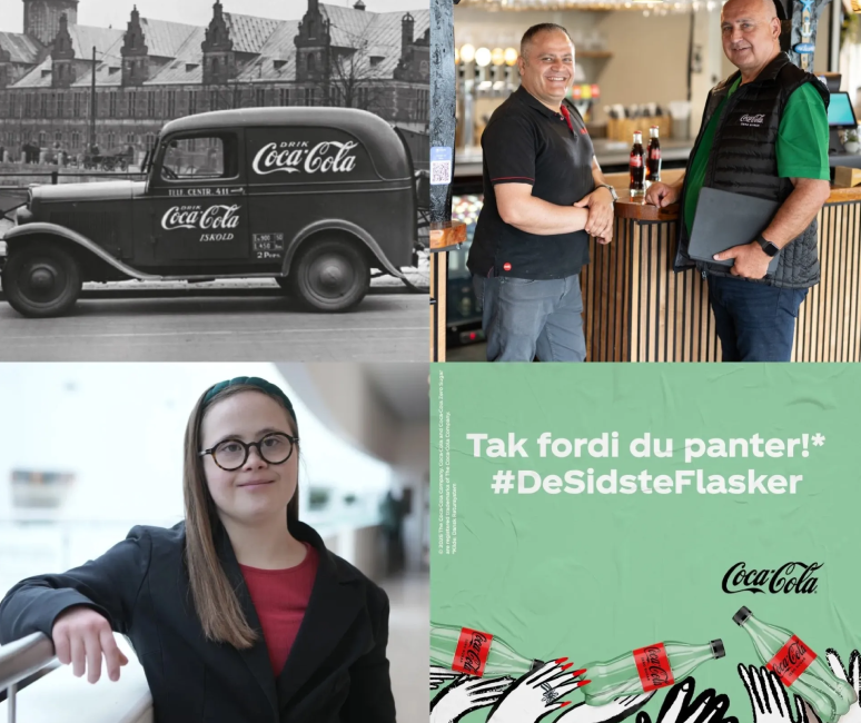 Collage af billeder: historisk foto af Coca-Cola-lastbil, medarbejdere og ambassadører samt genbrugsbudskaber