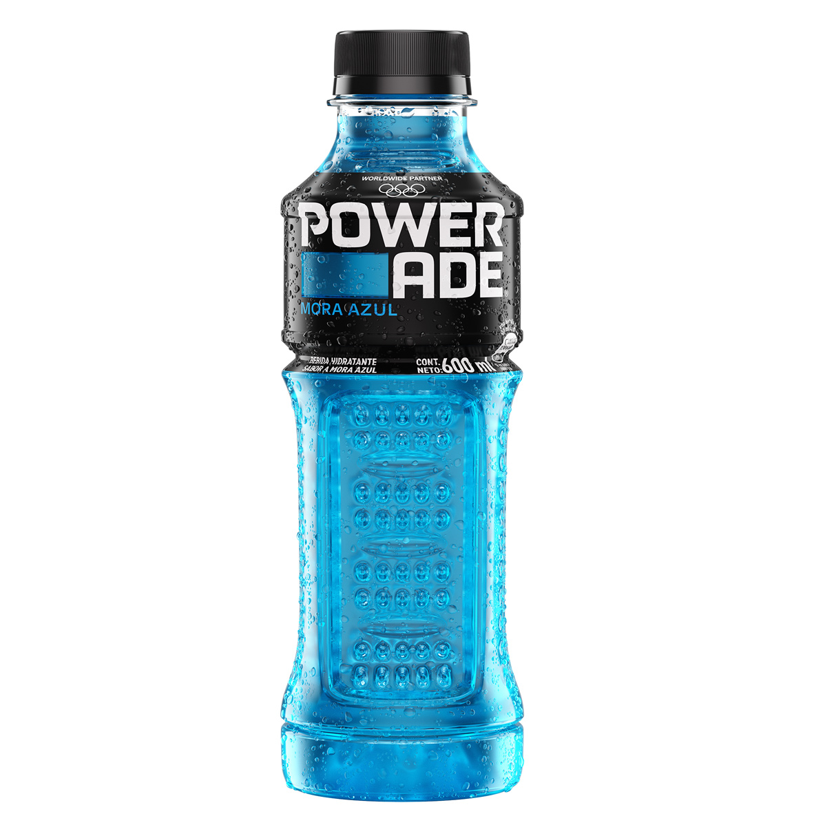 Botella Pet Powerade de 600ml sabor mora azul.