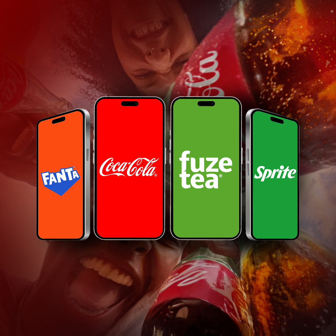 Neli nutitelefoni ekraani Fanta, Coca‑Cola, Fuze Tea ja Sprite logodega värvilistel taustadel.