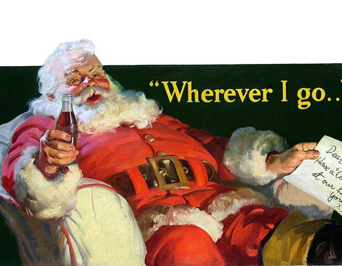 Joonistus punases kuues jõuluvanast, kes hoiab käes Coca‑Cola pudelit ja istub toolil.