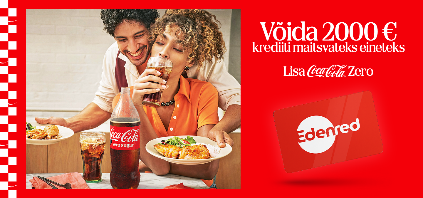 Kaks inimest naudivad sööki ja Coca-Cola Zero’t. Kampaania pakub võimalust võita 2000 € krediiti maitsvateks eineteks.