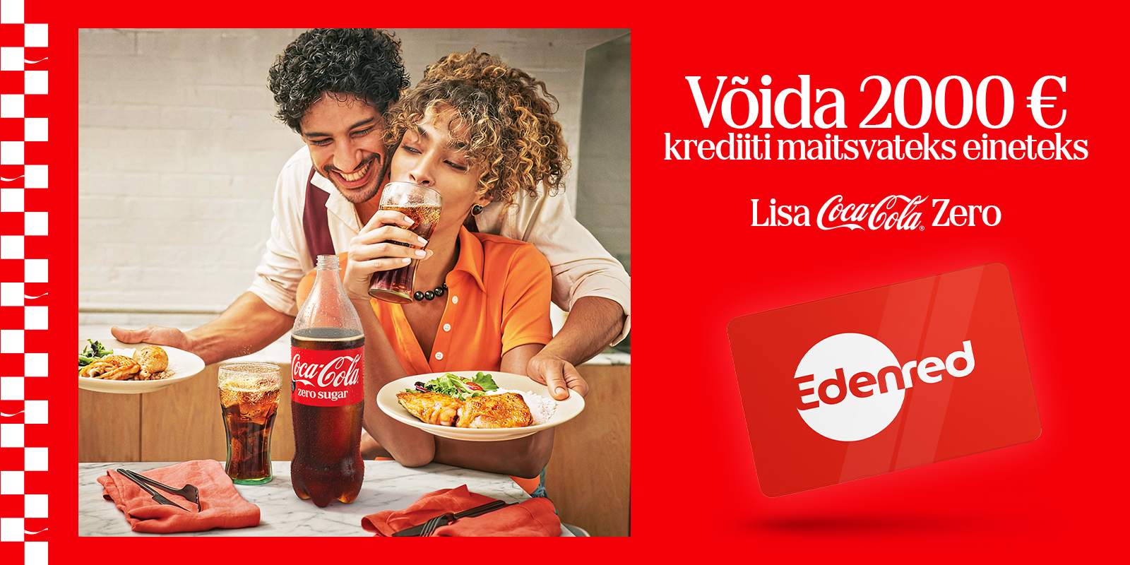 Inimesed istuvad köögis laua ümber, söövad koos ja valavad klaasidesse Coca-Colat; paremal on punane Coca-Cola reklaam tekstiga „Võida 2000 € krediiti maitsvateks eineteks
