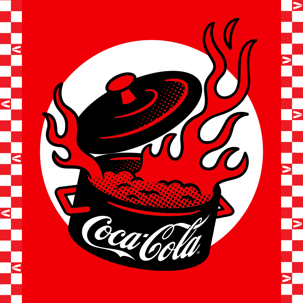 Illustratsioon auravast potist Coca-Cola logoga, punasel taustal, sümboliseerides sooja ja energilist toiduelamust.