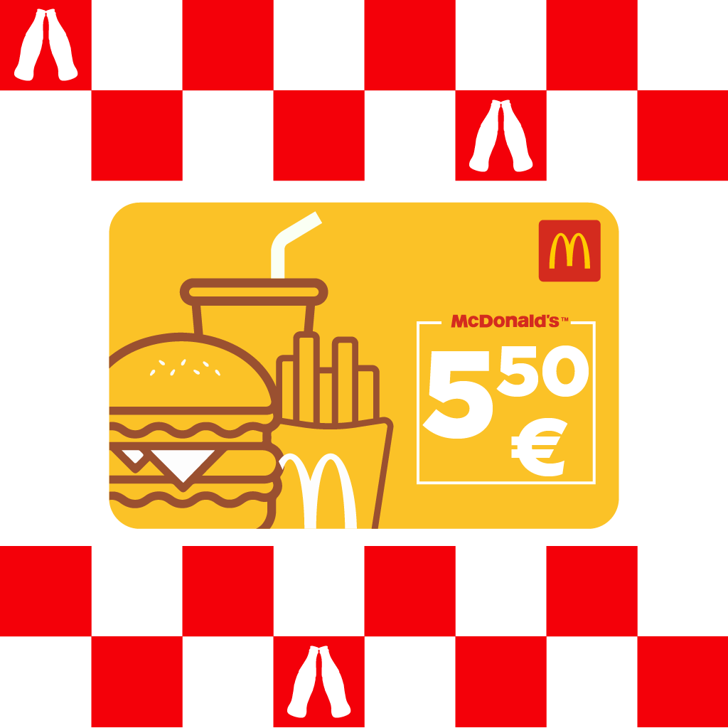 Punase ja valge ruudulise tausta keskel on kollane McDonald’si kinkekaart burgeri, friikartulite ja joogiga ning summaga 50 €.