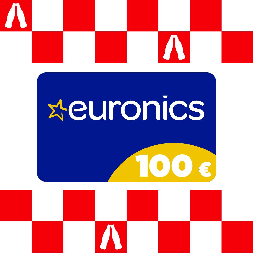Punase ja valge ruudulise tausta keskel on sinine Euronicsi kinkekaart kollase nurgaga ning summaga 100 €.