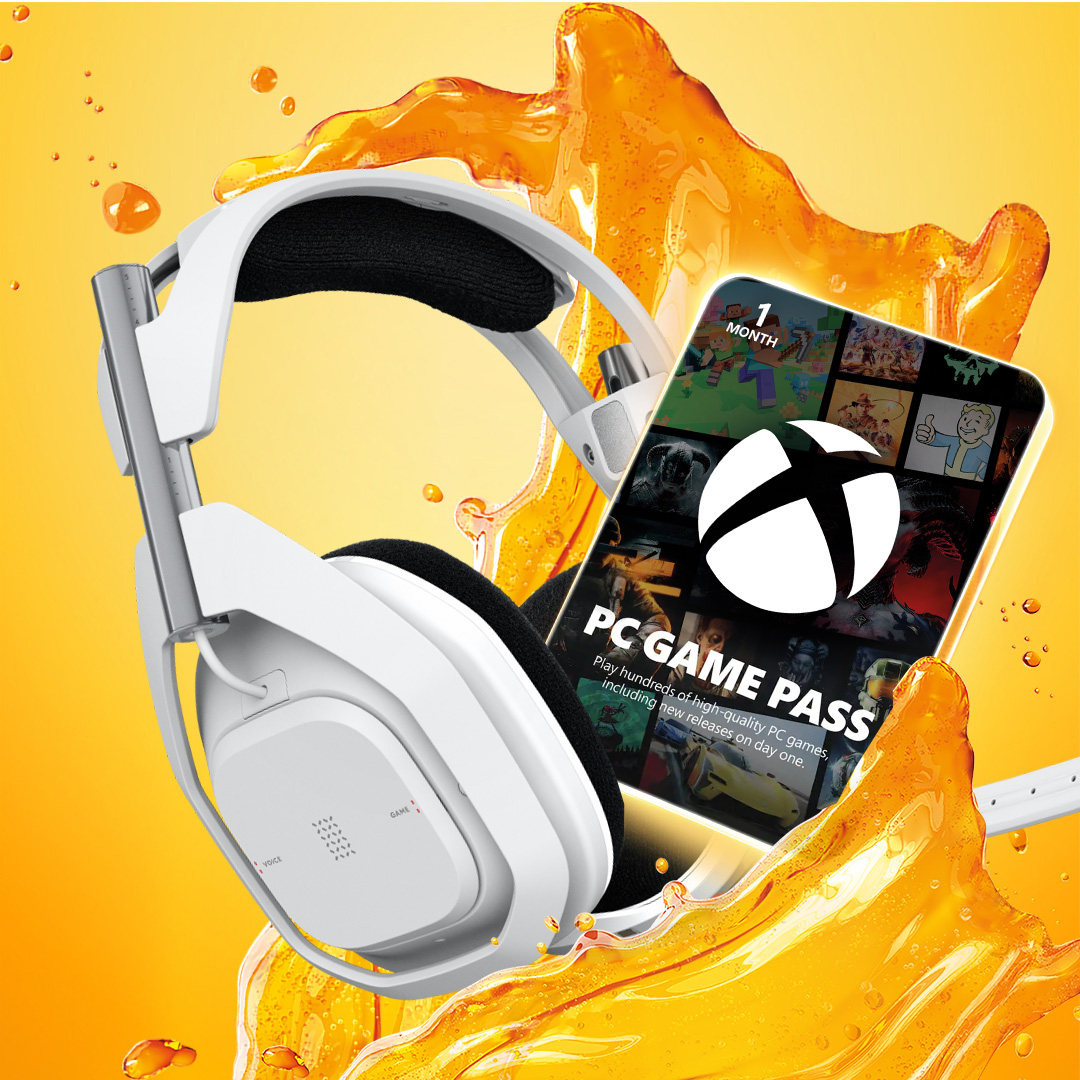 Valged mängurikõrvaklapid ja Xbox Game Passi kaart oranžis pritsmes.