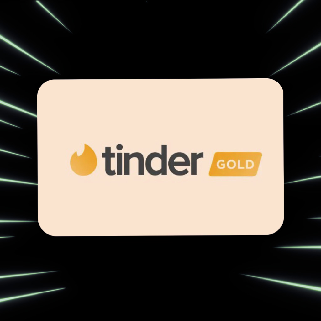 „Tinder Goldi“ logo heledal kaardil tumedal taustal.