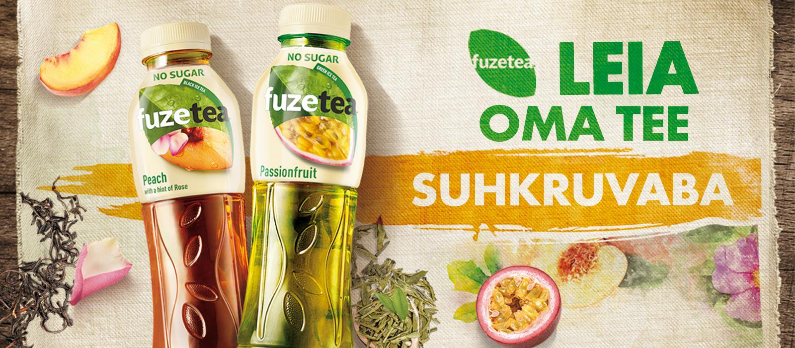 Kaks Fuze Tea pudelit — virsiku ja passionivilja maitsega, mõlemad suhkruta.