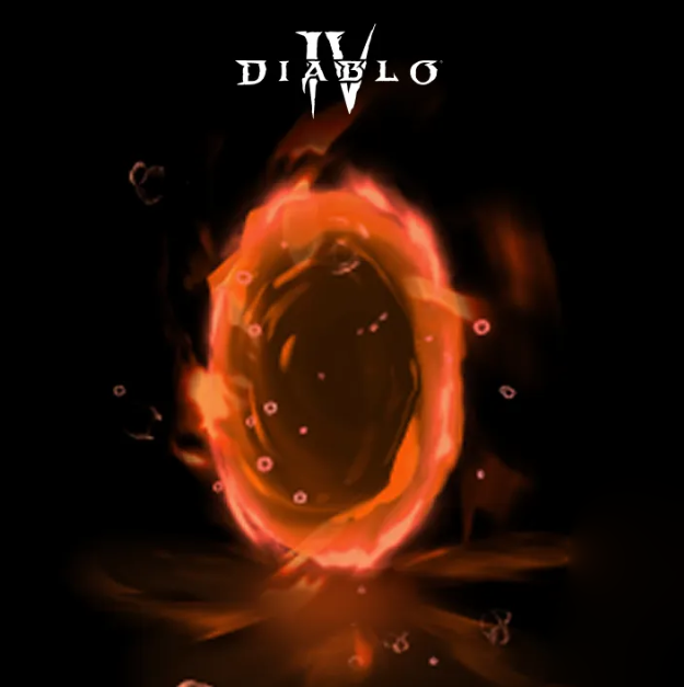 En glødende orange portal mod en sort baggrund, under et Diablo IV‑logo