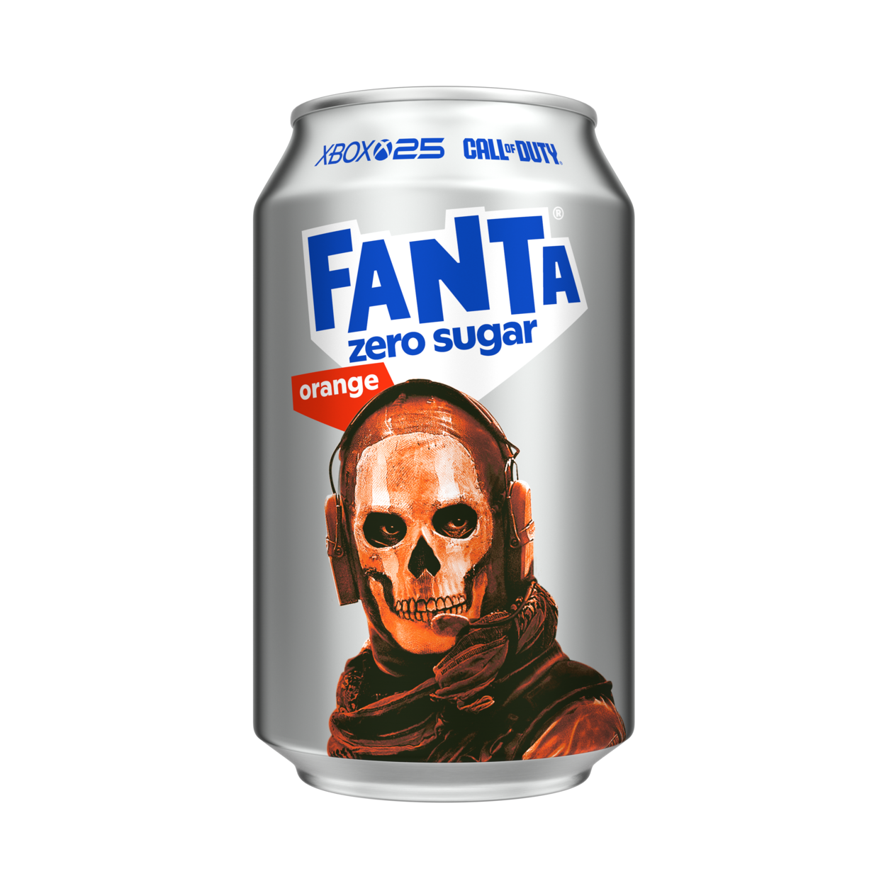 Fanta Orange Zero can on white background.