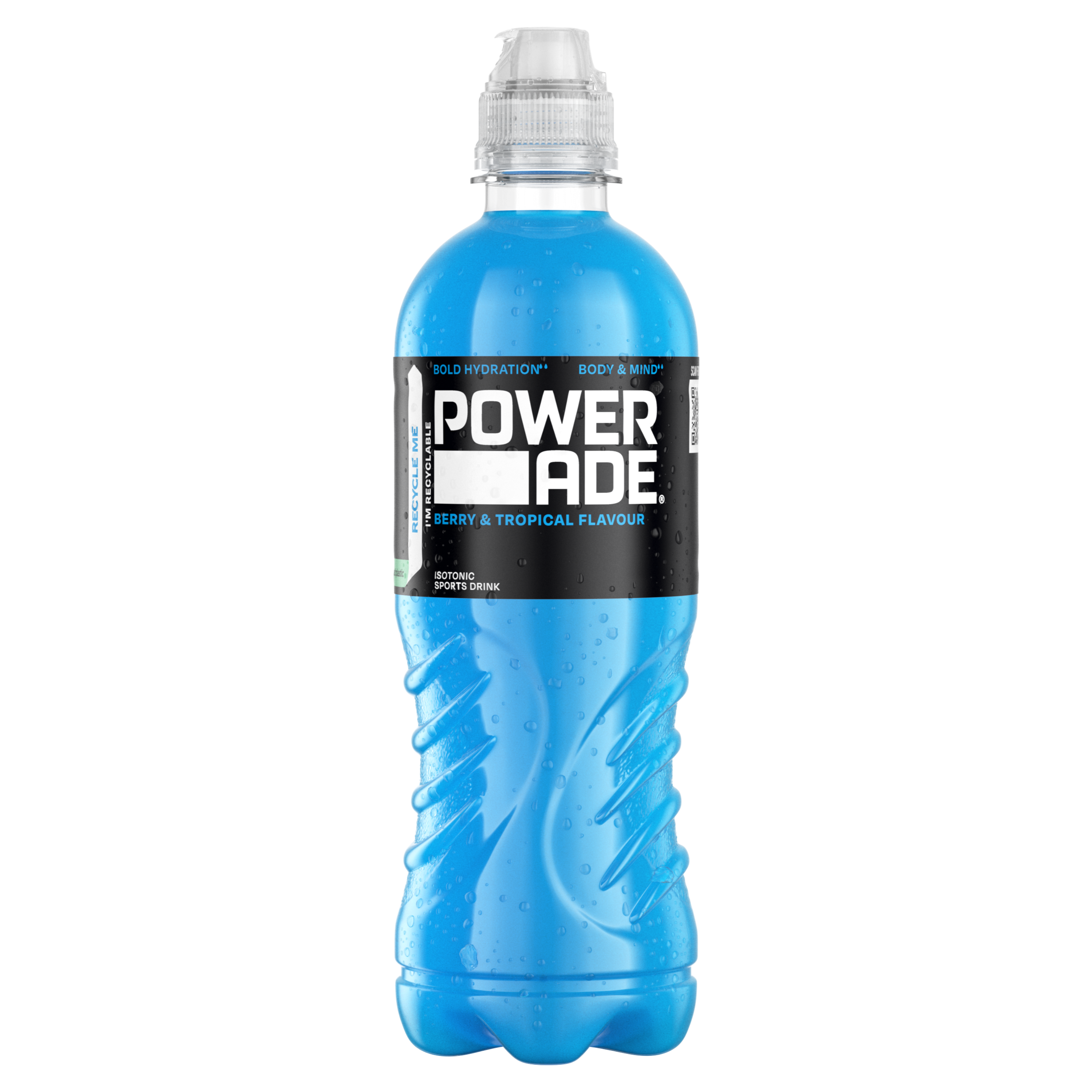 Powerade Berry & Tropical bottle on white background.
