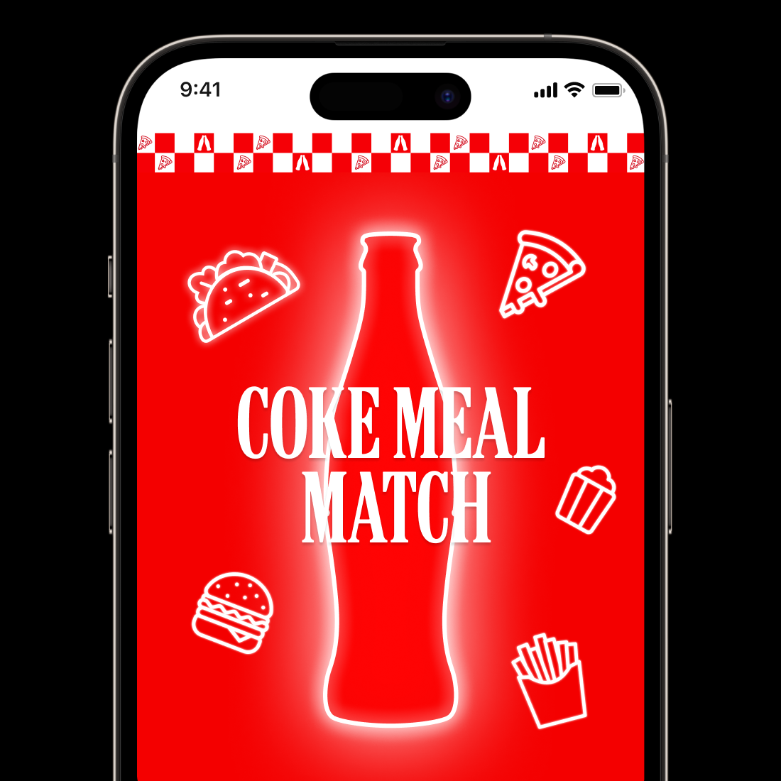 Smartphone screen showing Coke Meal Match game. In the centre of the screen is a silhouette of a Coke bottle with graphics of different foods surrounding it.
