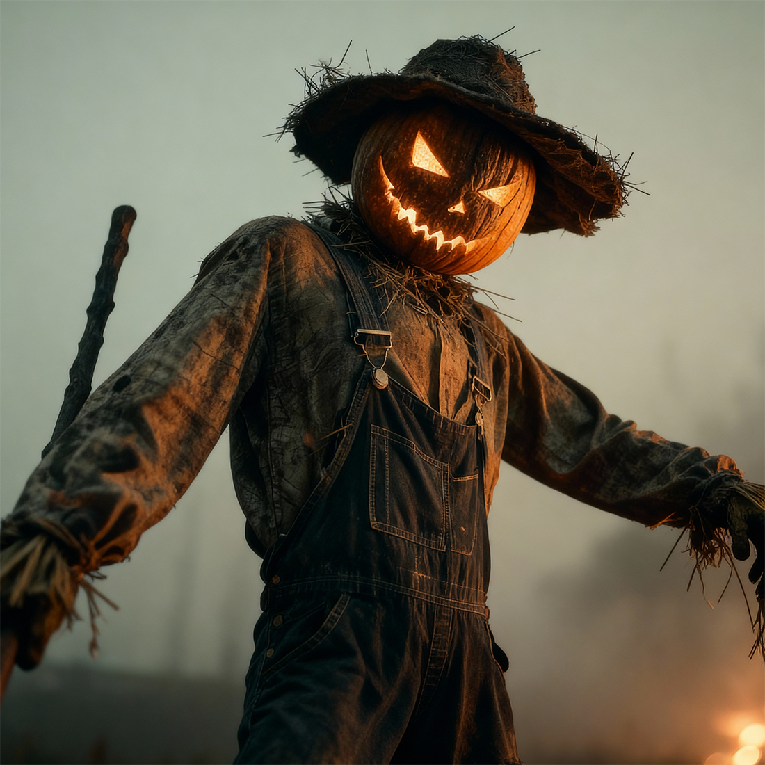 Le personnage du Moissonneur d’Halloween, debout dans un décor de récolte aussi sinistre qu’envoûtant.