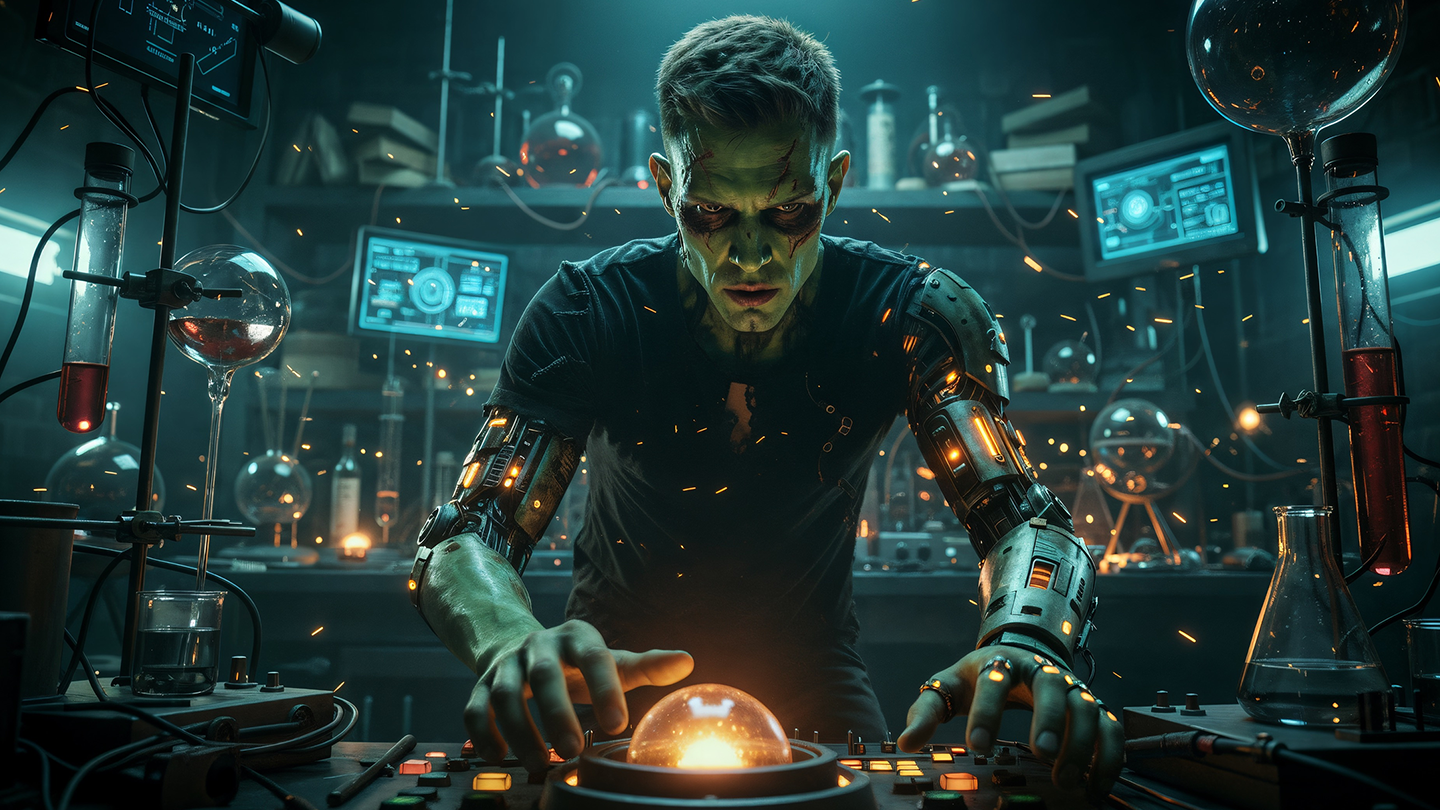 Le personnage FRNX, entouré d’éléments futuristes et d’expérimentations technologiques.