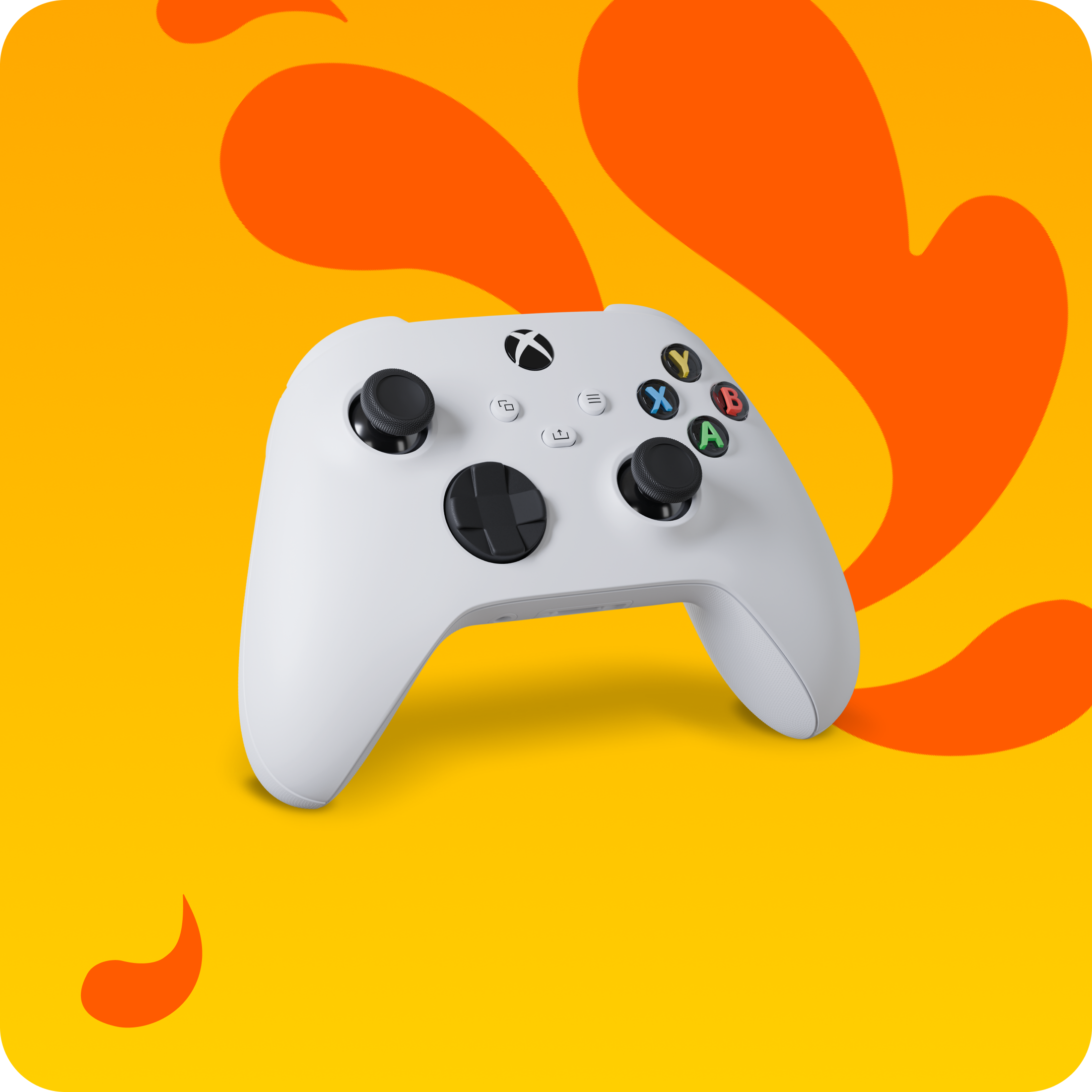 Une manette de jeu Xbox sans fil blanche avec des boutons noirs sur un fond orange