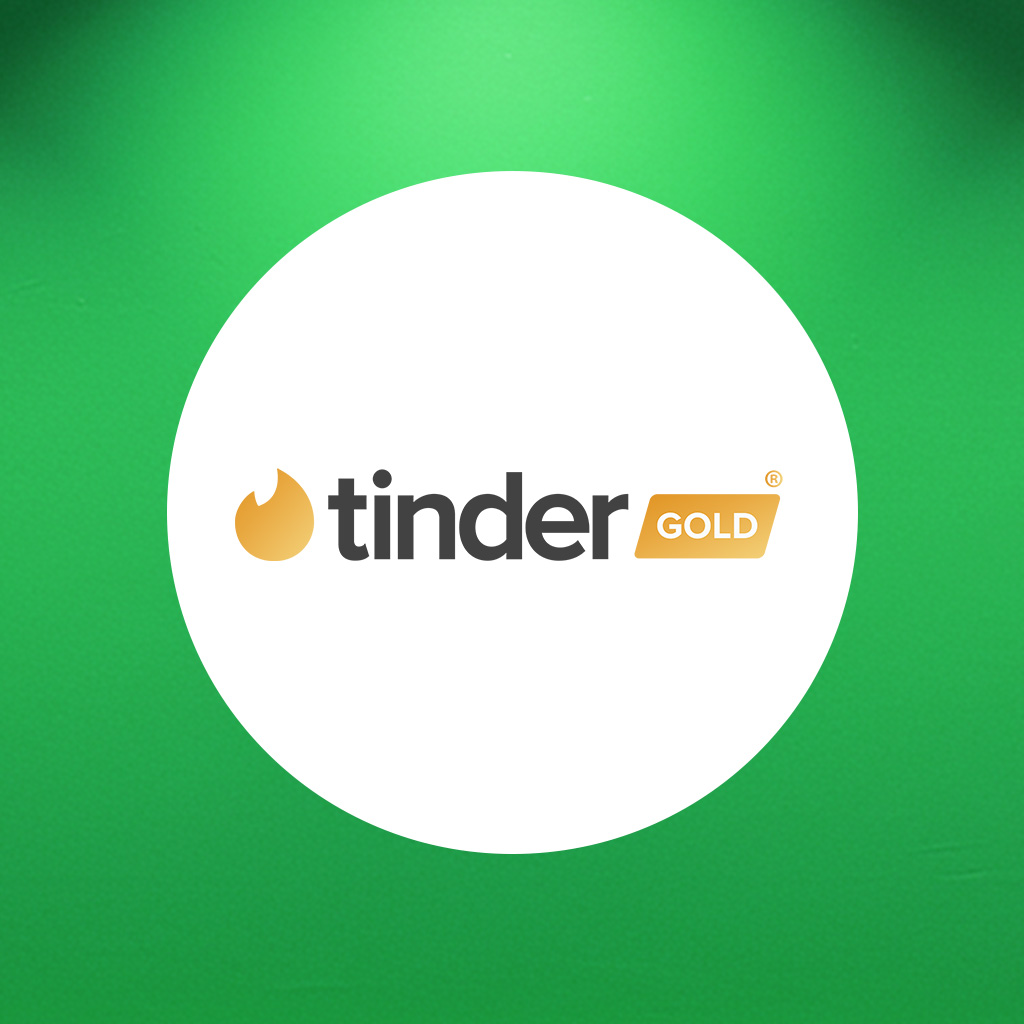 Cercle blanc avec le logo Tinder Gold au centre, sur un fond vert.