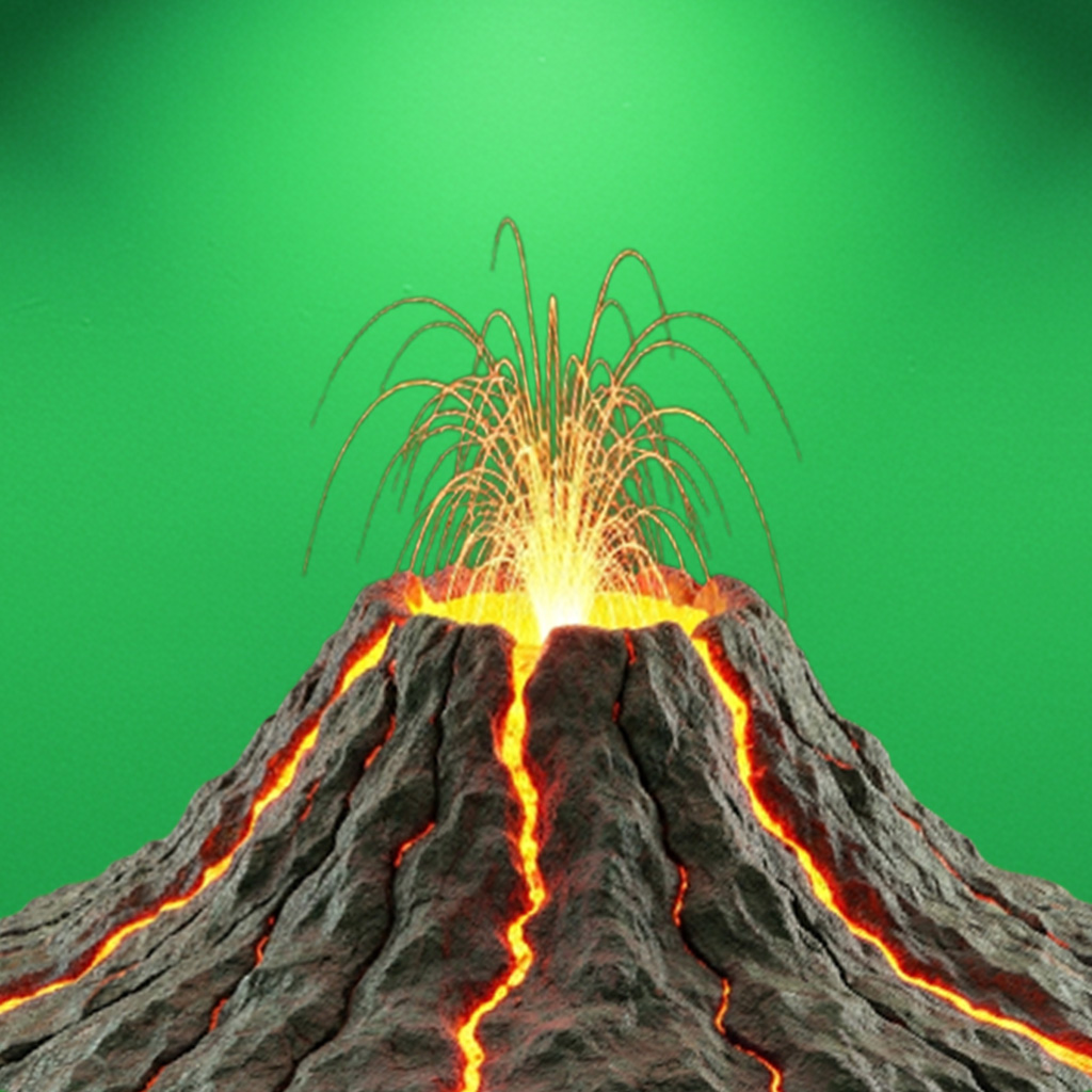 Illustration d’un volcan en éruption, projetant de la lave et des étincelles sur un fond vert vif.