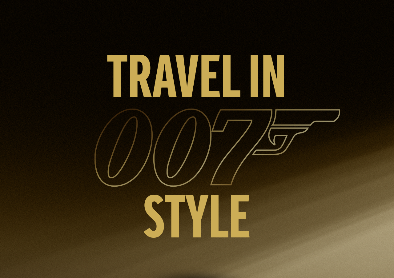 **Image dorée avec le texte « Travel in 007 style » et un logo 007 stylisé sur fond sombre.**