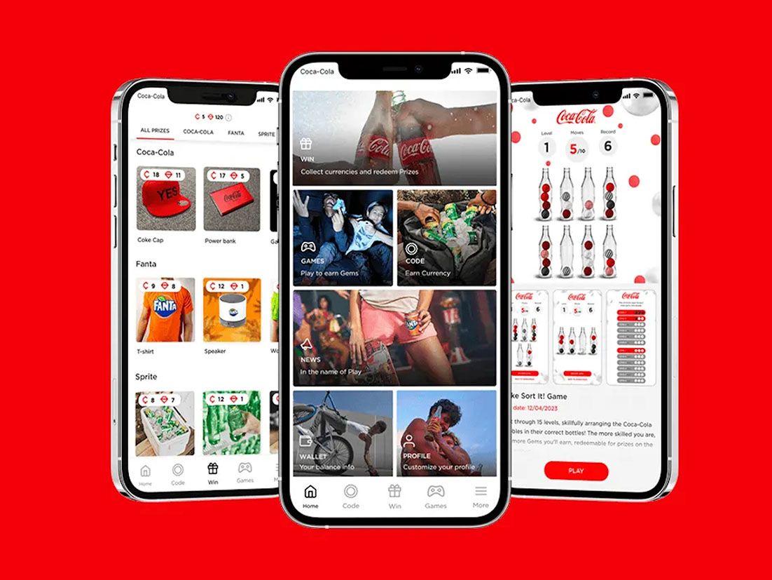 Smartphones displaying Coca-Cola app screens