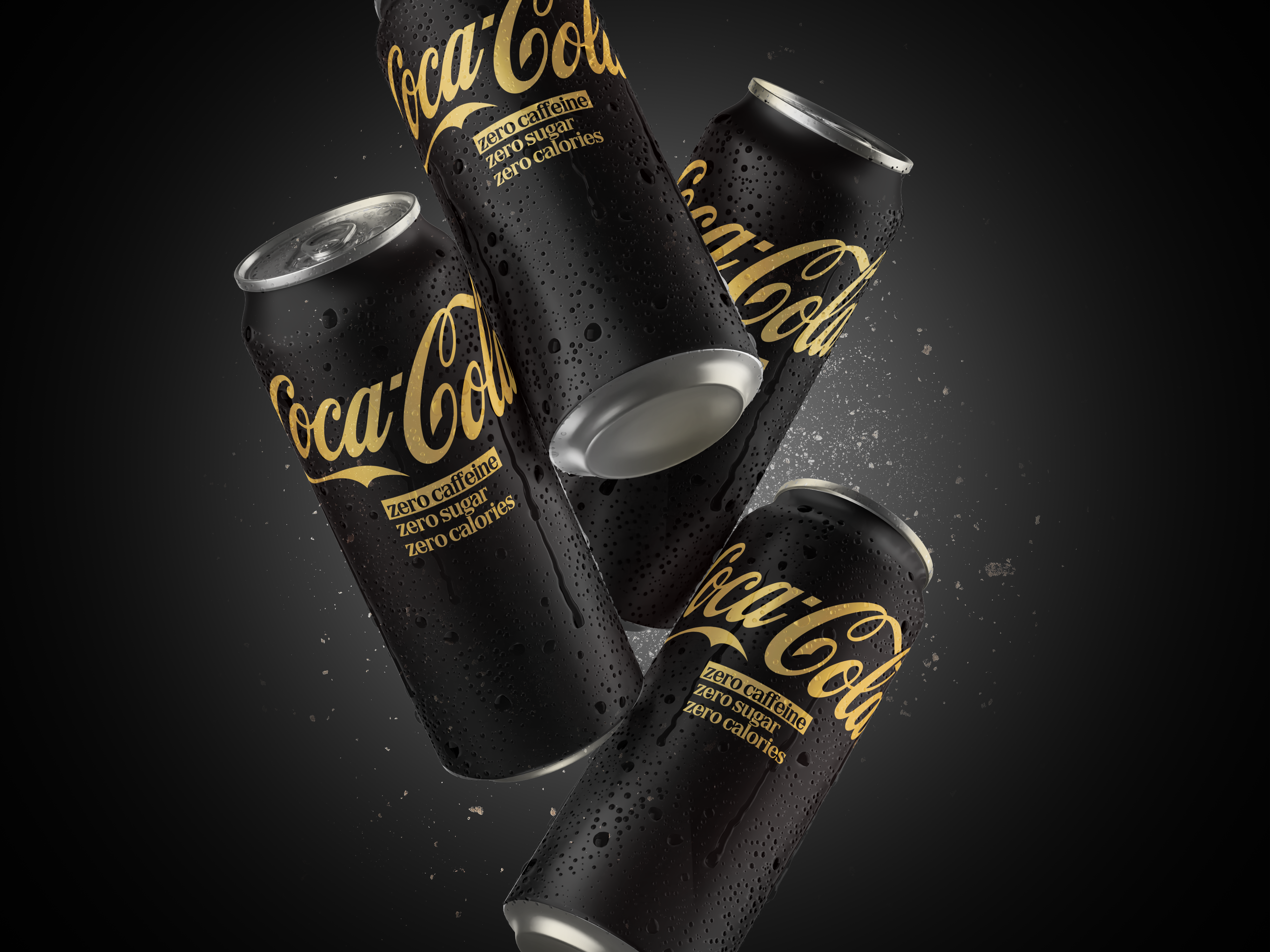 Coca-Cola Zero Sugar Zero Caffeine can on red background and the phrase 'It's never too late for a bit of joy' written beside it