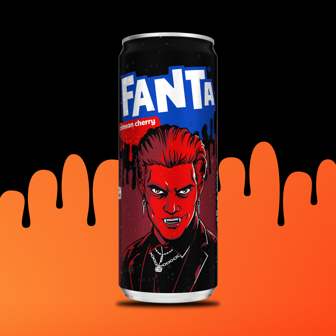 Limited-edition Fanta Crimson Cherry can featuring Drayk, the Prince of Vampires.
