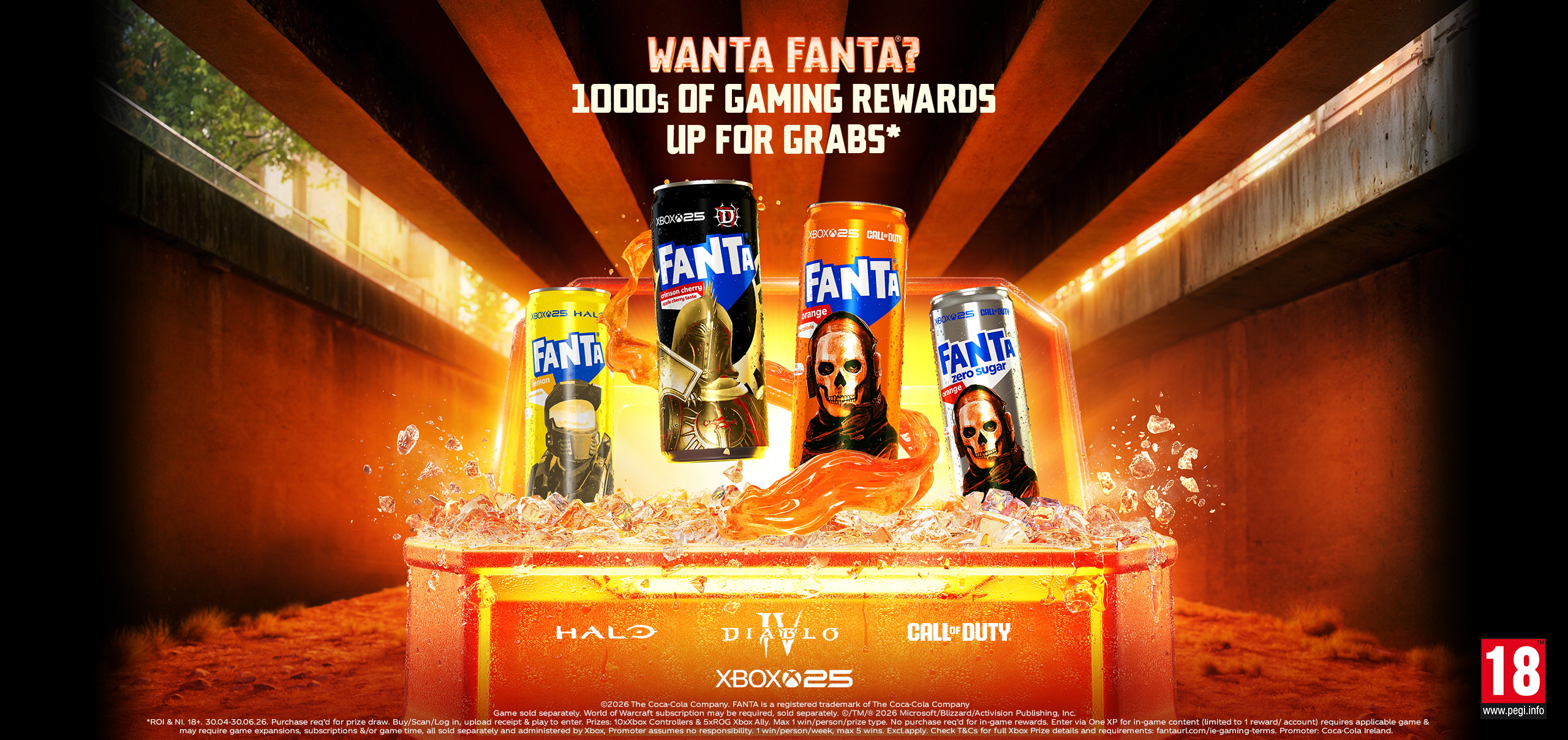 Cans of fanta with Xbox characters sitting in glowing Fanta rewards chest