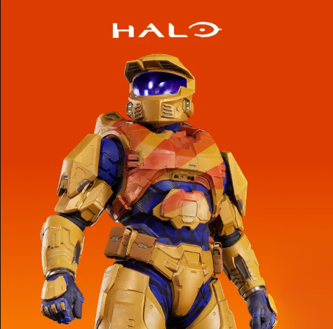 Ο Master Chief φοράει μια πορτοκαλί Fanta πανοπλία κάτω από το λογότυπο του Halo σε πορτοκαλί φόντο.