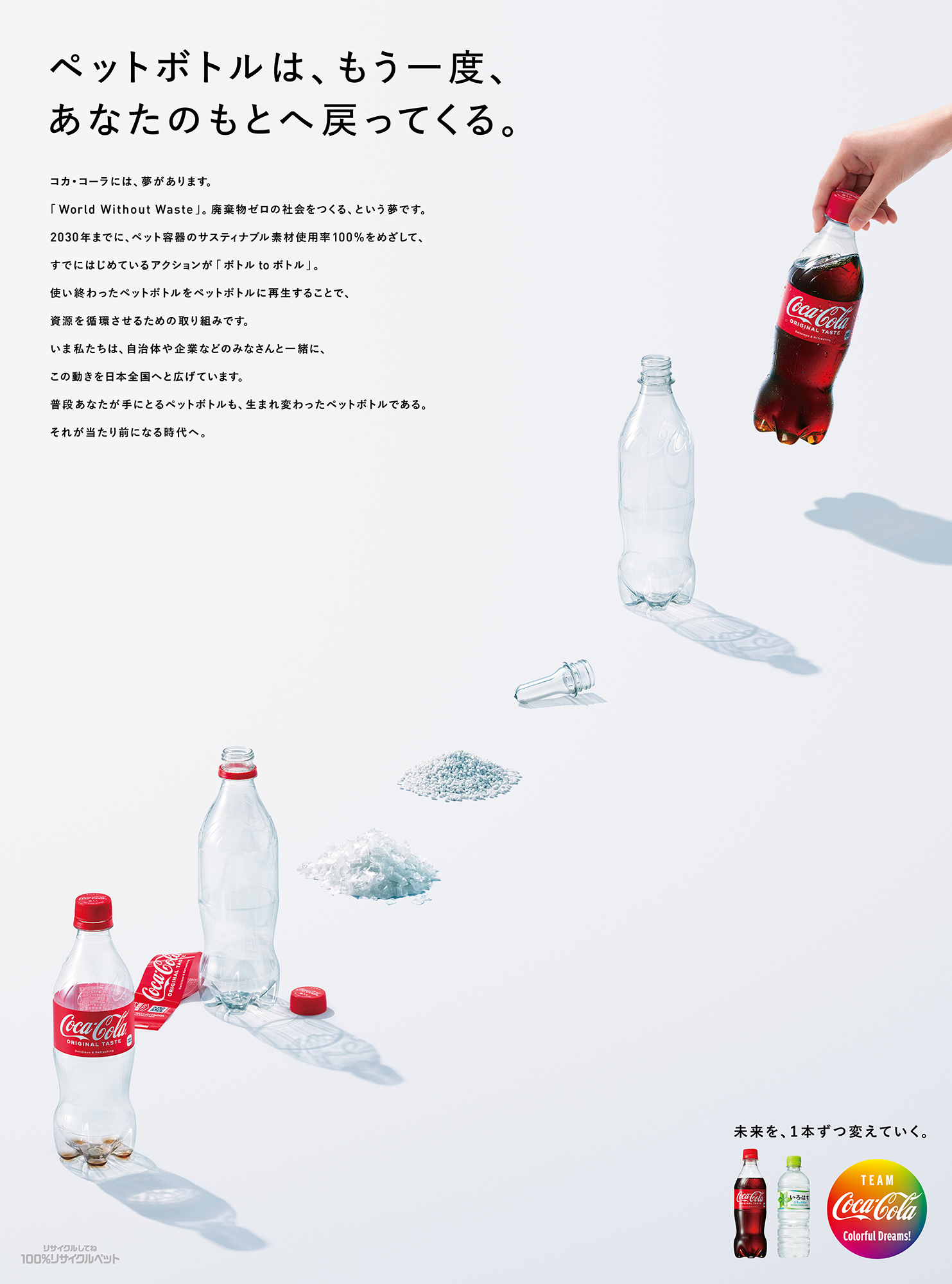 画像：コカ･コーラの使い終わったペットボトルが新しいペットボトルに再生する資源の循環を描いた広告。キャッチコピーは、ペットボトルは、もう一度、あなたのもとへ戻ってくる。