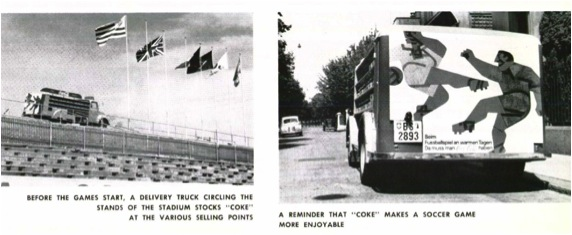 1954년 스위스 월드컵에서 코카-콜라 트럭이 경기장을 돌며 코카-콜라를 실어 나르는 모습
