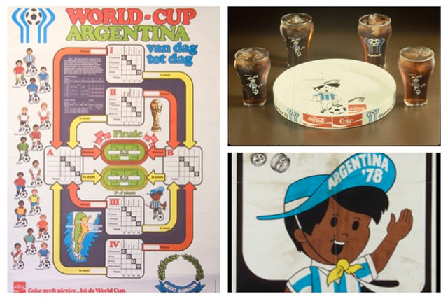 1978년 아르헨티나 월드컵 당시 코카-콜라가 월드컵 공식 후원사로서 제작한 유리컵 기념품과 신문 광고 및 캐릭터 이미지