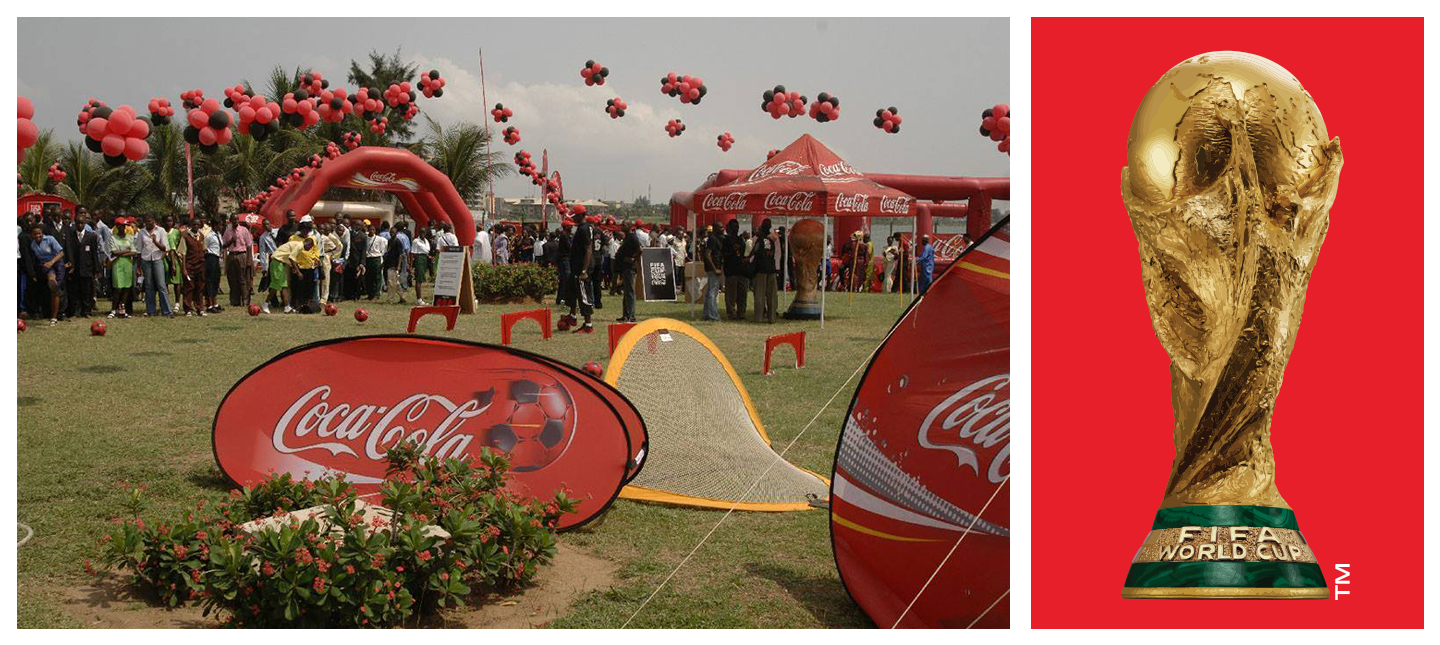 오리지널 FIFA 월드컴 트로피 이미지와 FIFA 월드컵을 기념해 지역 현지에서 진행되는 코카-콜라의 소비자 행사 모습