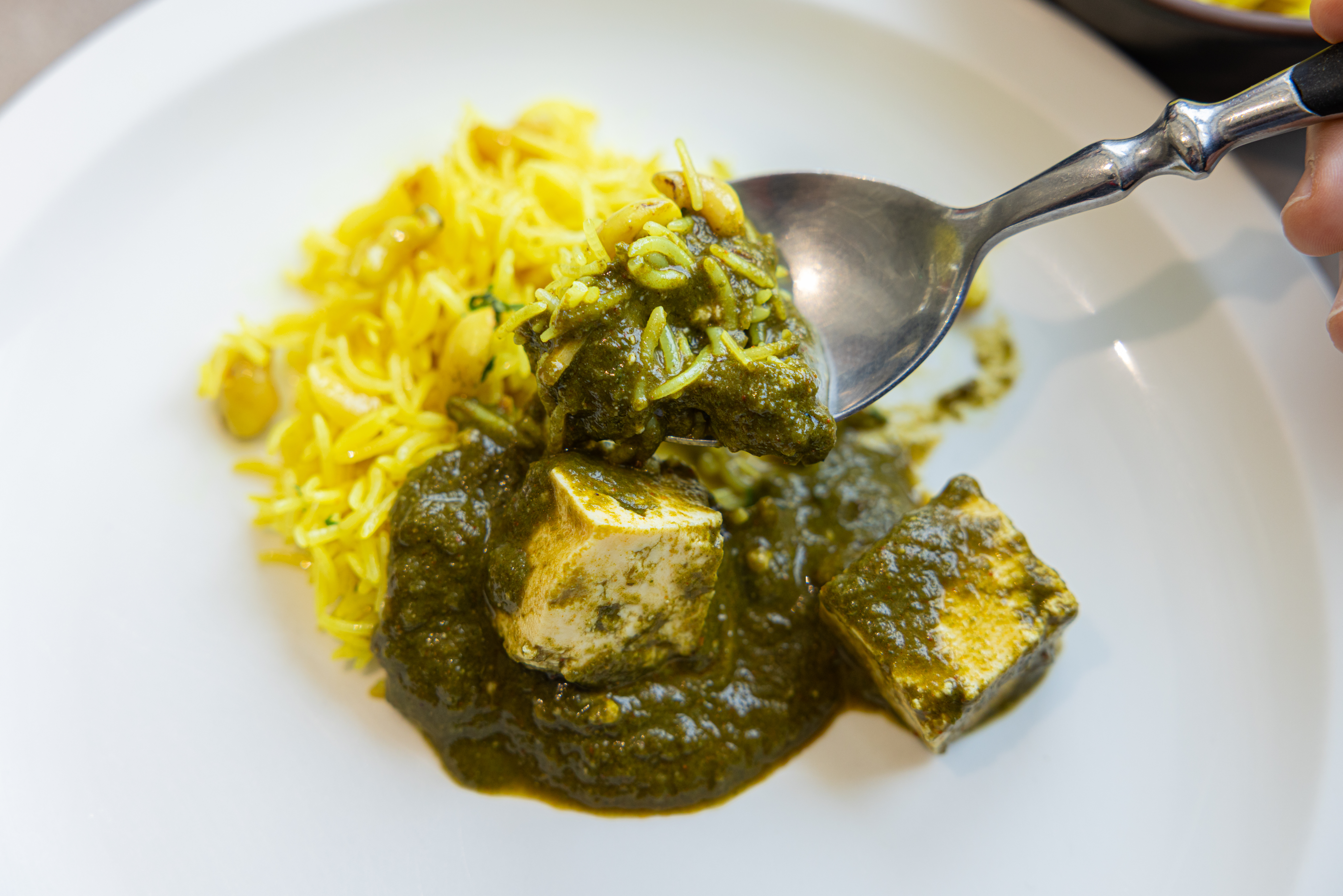 레스토랑 '타지'의 대표 메뉴 빨락 빠니르와 샤프론 라이스