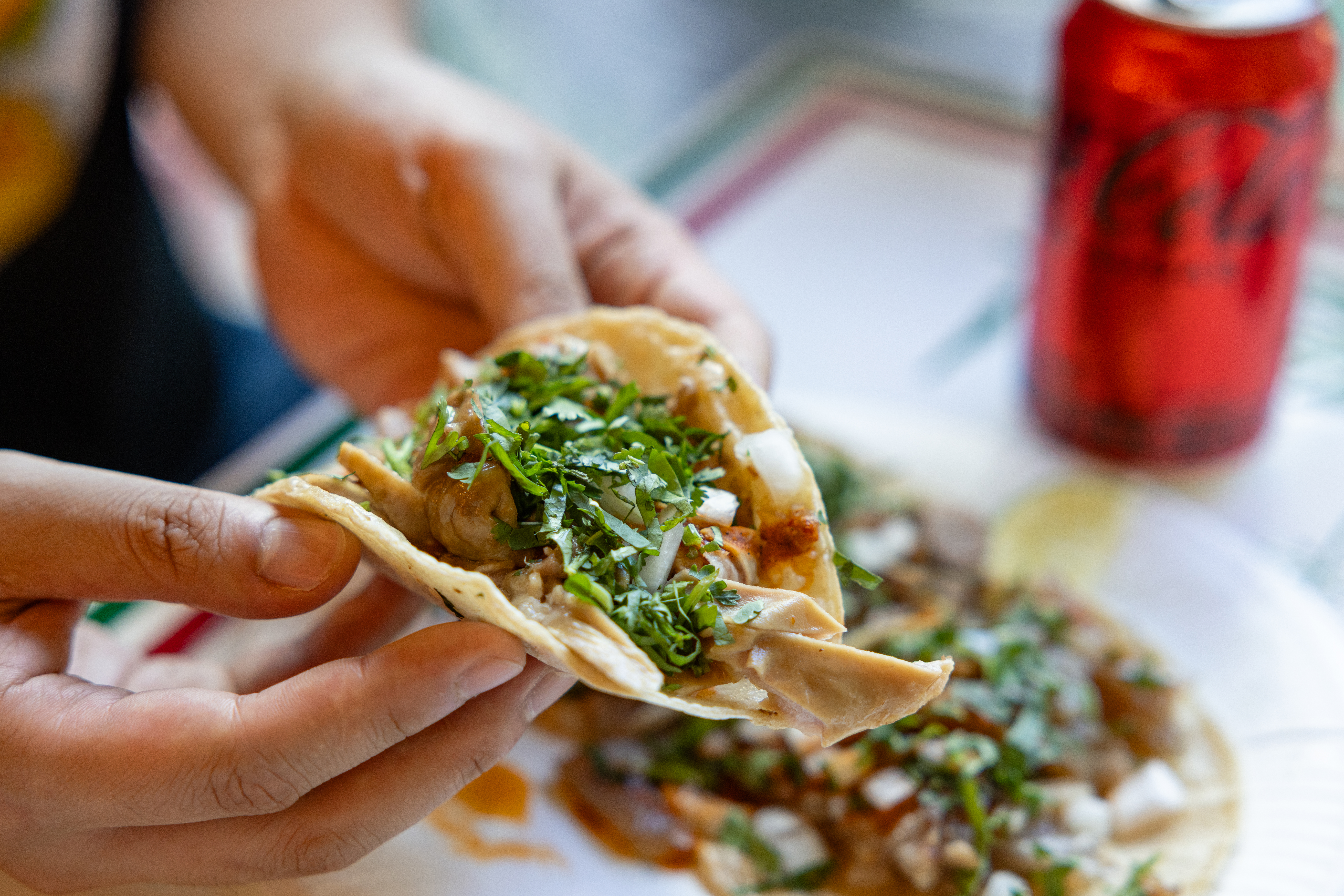 ‘비야게레로’의 대표 메뉴 까르니따 따꼬와 코카-콜라 제로를 즐기는 사진