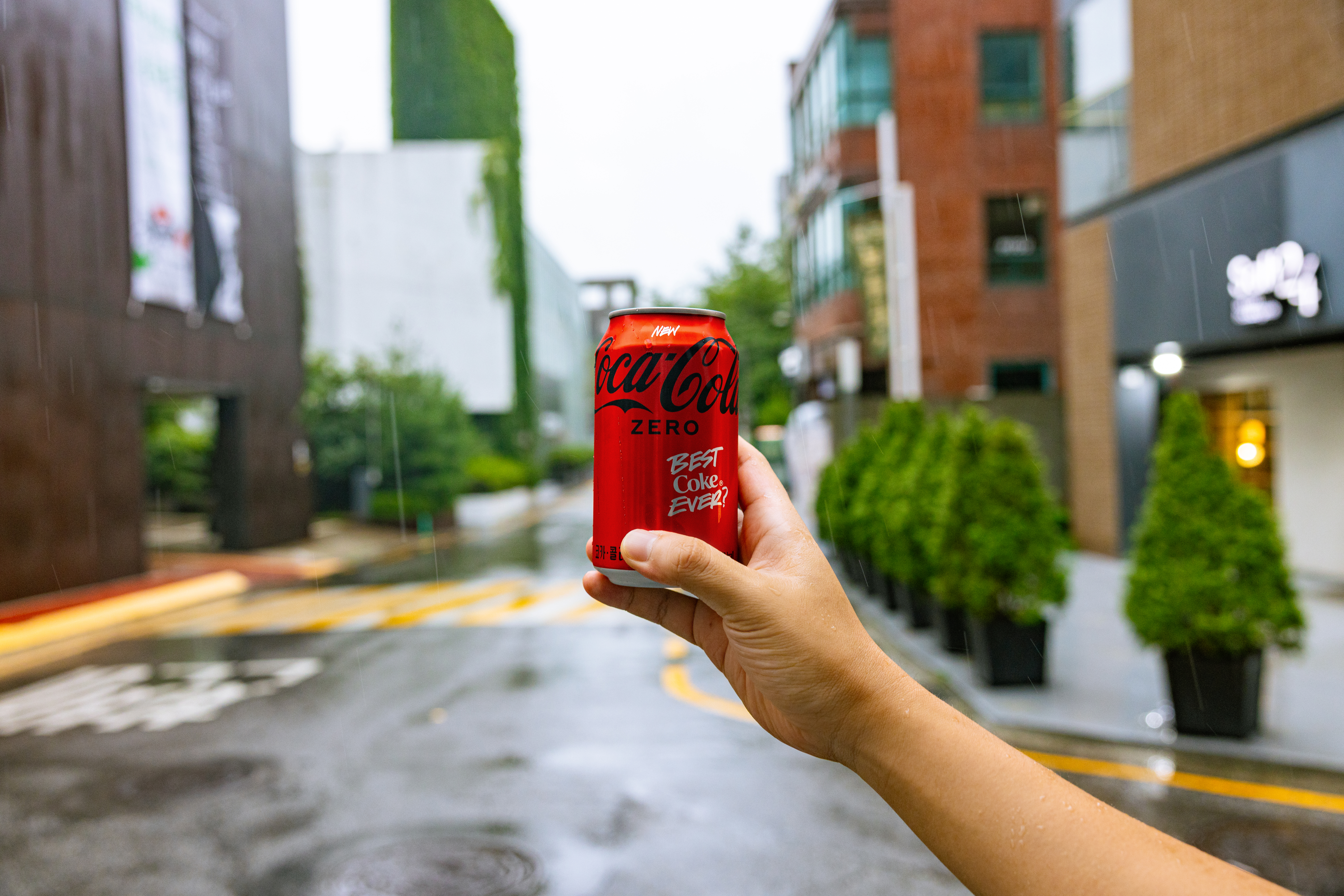 청춘의 거리, 대학로에서 에디터가 새로워진 코카-콜라 제로를 들고 있다.