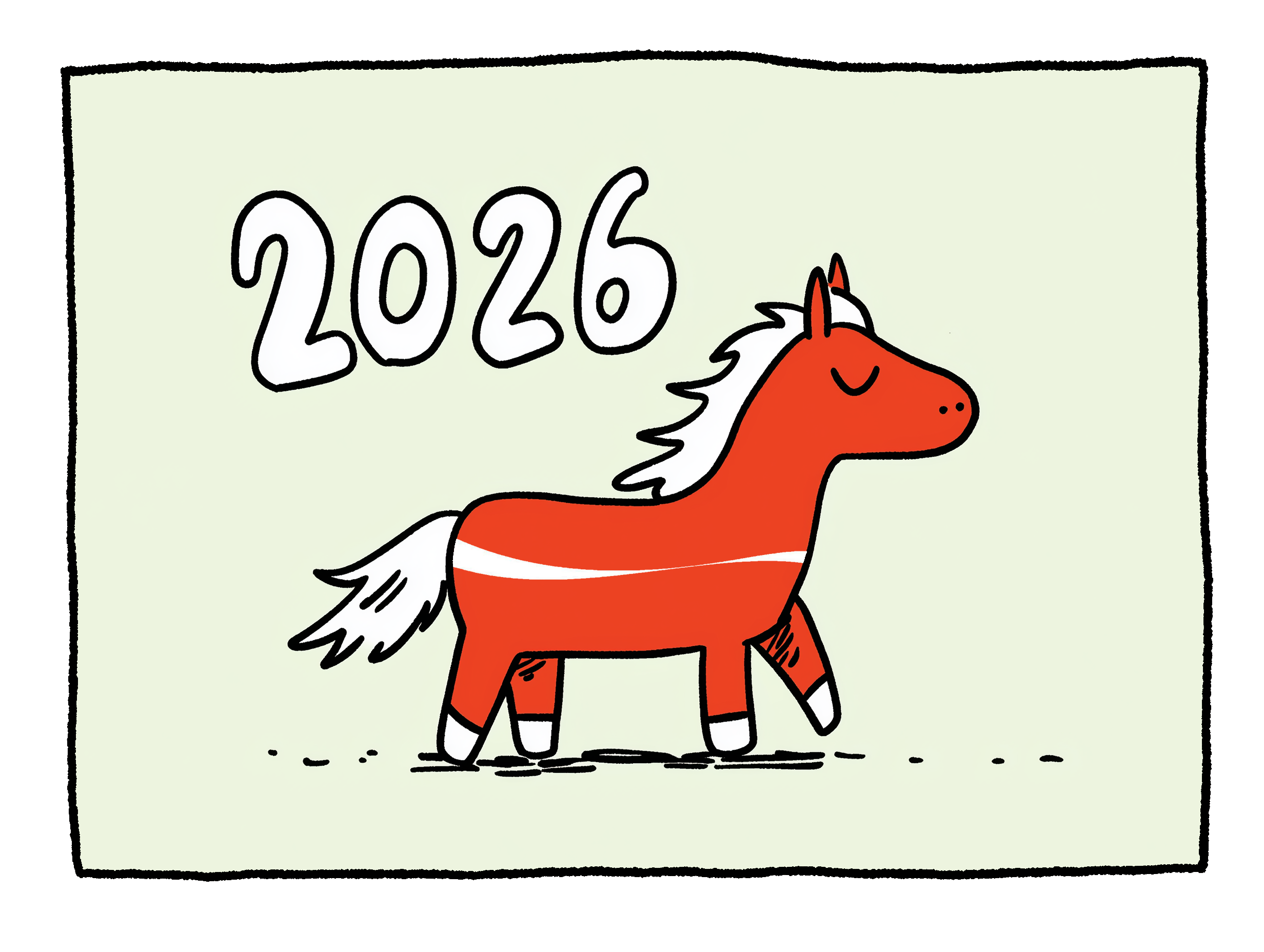 붉은 말의 해인 2026년을 상징적으로 표현한 일러스트로, 붉은 말과 2026이란 숫자가 그려져 있다