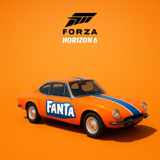 Илустрација од портокалов ретро автомобил со логото Fanta на страната, поставен на портокалова позадина со натпис Forza Horizon 6 над него.